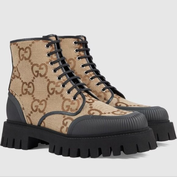 NIB Gucci Men's GG canvas lug sole ankle boots- G 12.5/ US 13.5